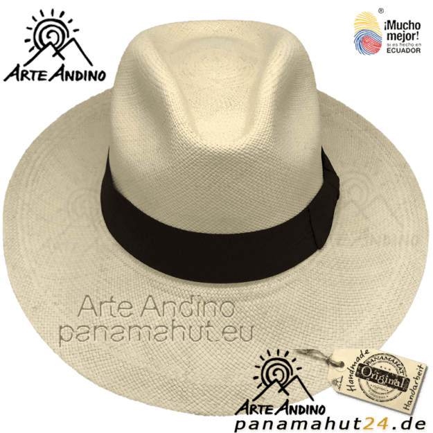 Ein weißer Bogartform-Hut von Europeo Especial - Panamahut mit schwarzem Band.