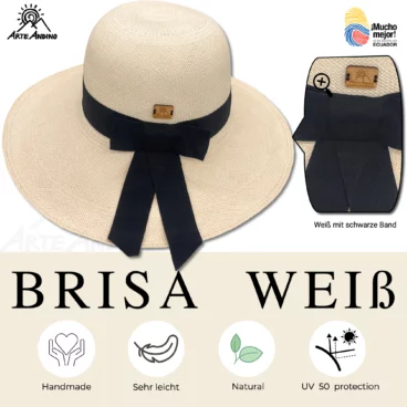 Ein weißer Panama Hut mit schwarzem Band trägt die Marke „Brisa Especial“. Symbole zeigen an, dass er handgefertigt, sehr leicht, natürlich und UV-Schutz 50 ist. Der Text lautet „BRISA WEIß“ und „Weiß mit schwarzem Band“. Dieser stilvolle Panamahut für Damen verkörpert Eleganz in jedem Detail.