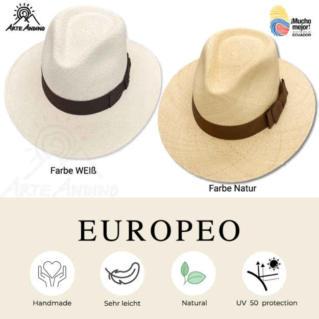 Zwei Europeo Especial - Panamahut Bogartform-Hütten, eine in Weiß und eine in Naturfarbe, mit Logos, die darauf hinweisen, dass sie handgefertigt, leicht, natürlich und mit UV-Schutz 50 ausgestattet sind.