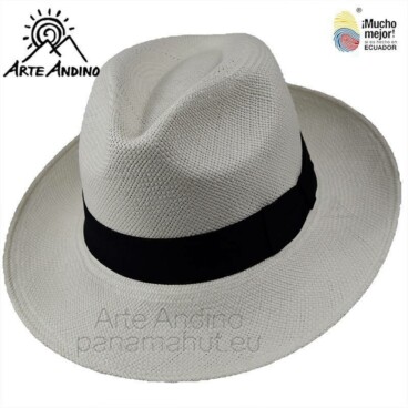 Ein weißer Hut mit schwarzem Band.