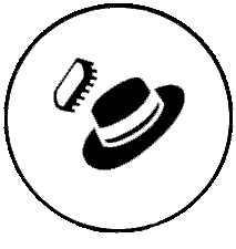 Eine schwarz-weiße Ikone mit Hut und Kamm.