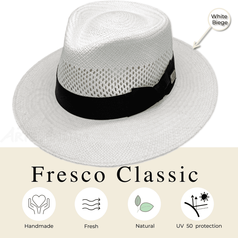 Ein Unisex-Panamahut Fresco Classic, Bogart Fedorahut Hut mit der Aufschrift Fresco Classic darauf.
