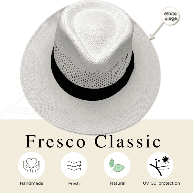 Ein weißer Panamahut Fresco Classic mit einer luftigen Flechtung zum Sonnenschutz und der Aufschrift Fresco Classic darauf.