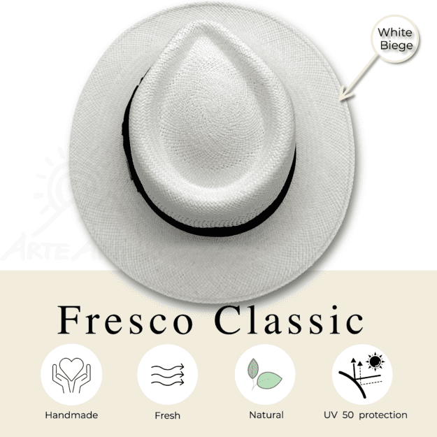 Ein Unisex-weißer Panamahut Fresco Classic, Bogart Fedorahut Hut mit der Aufschrift Fresco Classic.