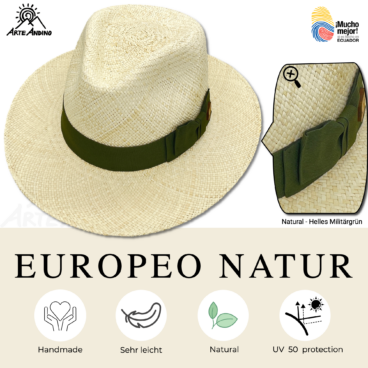 Ein Werbebild mit einem Hut aus natürlichem Stroh (europäischer Stil), verziert mit einem Hutband in Helles Militärgrün und Symbolen, die zeigen, dass der Hut handgefertigt, leicht, natürlich und UV-geschützt ist.
