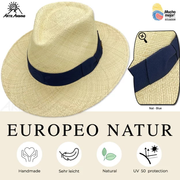 Ein Werbebild eines Panamahuts „Europeo Natur“ mit marineblauem Band, das seine handgefertigten, leichten, natürlichen und UV-schützenden Eigenschaften hervorhebt.