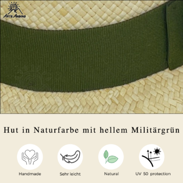 Nahaufnahme eines naturfarbenen Hutes mit Hutband – Helles Militärgrün, Markensymbole zeigen an, dass er handgefertigt, leicht, natürlich und UV-geschützt ist (50 %).