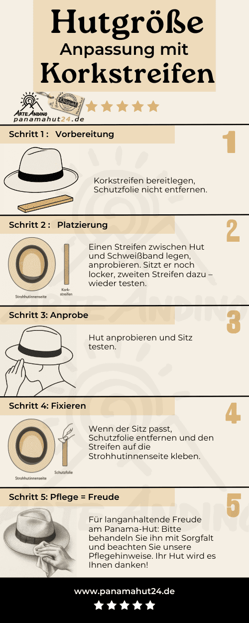Infografik: Hutgröße anpassen mit Korkstreifen in 5 Schritten — Arte Andino