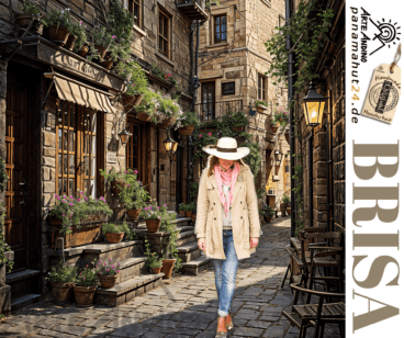 Eine Person in einem beigen Mantel und einem Brisa Especial geht eine Kopfsteinpflasterstraße entlang, die von Topfpflanzen und Steingebäuden gesäumt ist. Auf der rechten Seite ist ein großes „BRISA“-Logo zu sehen.