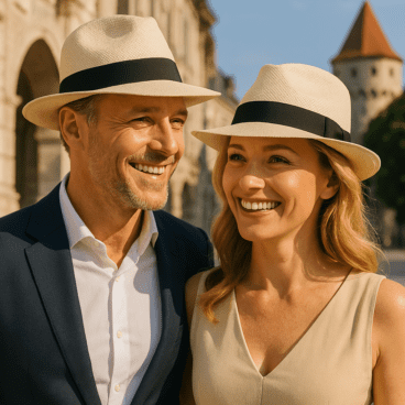 Un uomo e una donna sorridenti, che indossano cappelli a forma di Bogart di Europeo Especial – Panama Hat, sono all'aperto in una giornata di sole, mentre si godono il fascino di un edificio storico e di una torre.