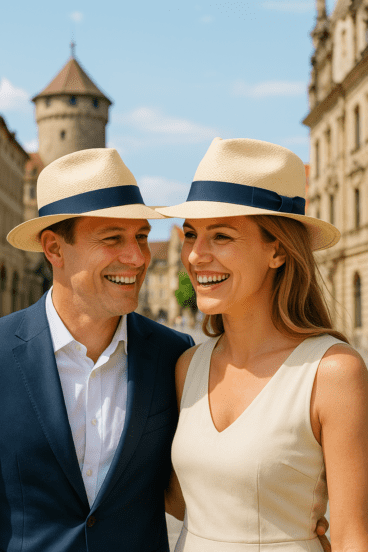 Un uomo e una donna sorridenti, entrambi con cappelli Panama di Europeo Especial, sono in piedi insieme in una strada cittadina con edifici storici sullo sfondo. I loro cappelli aggiungono un tocco di eleganza a questa affascinante scena.
