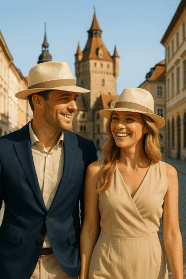 Un uomo e una donna, entrambi con indosso cappelli Bogart coordinati di Europeo Especial – Panama Hat, camminano a braccetto e sorridono alla luce del sole lungo una strada fiancheggiata da edifici storici e da una torre in lontananza.