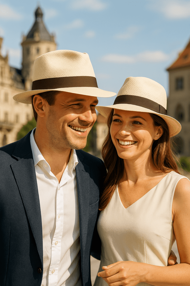 Ein lächelndes Paar, beide tragen einen Europeo Especial Panamahut Bogartform, steht an einem sonnigen Tag Seite an Seite im Freien, im Hintergrund sind historische Gebäude zu sehen.
