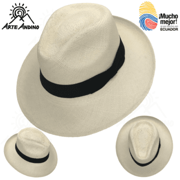 Il cappello Panama Europeo Especial, a forma di Bogart con fedora bianco e nastro nero, presentato da tre prospettive, cattura l'essenza di un Panama originale. Loghi agli angoli: "Andean Art" e "Mucho mejor! si es hecho en ECUADOR".