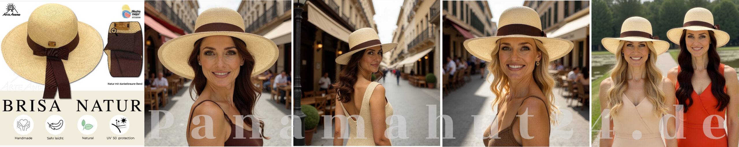 Eine Reihe von Bildern, die Frauen zeigen, die den Brisa Especial tragen, einen schicken Panamahut für Damen, der mit dunkelbraunen Bändern verziert ist. Diese modischen Sommerhüte für Frauen bieten UV-Schutz und sind in verschiedenen Outdoor-Situationen ein Hingucker.