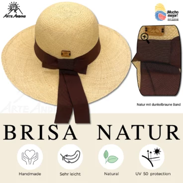 Strohhut mit breiter Krempe und dunkelbraunem Band, beschriftet mit „Brisa Especial“. Dieser Damen-Panamahut ist handgefertigt, leicht, natürlich und bietet UV-Schutz 50. Text in mehreren Sprachen mit Nahaufnahme des Bandes; einer der schönsten handgeflochtenen Hüte für den Sommer.