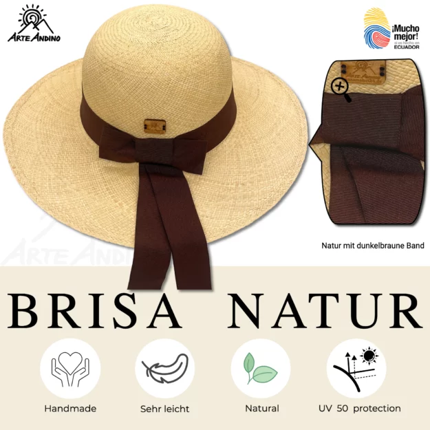 Strohhut mit breiter Krempe und dunkelbraunem Band, beschriftet mit „Brisa Especial“. Dieser Damen-Panamahut ist handgefertigt, leicht, natürlich und bietet UV-Schutz 50. Text in mehreren Sprachen mit Nahaufnahme des Bandes; einer der schönsten handgeflochtenen Hüte für den Sommer.