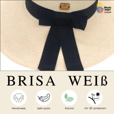 Nahaufnahme eines beigen Sommerhutes für Frauen mit schwarzem Band und Schleife. Die Symbole darunter heben seine Eigenschaften hervor: handgefertigt, sehr leicht, natürlich und UV-Schutz 50. Der Text lautet „Brisa Especial“ und „¡Mucho Mejor! Ecuador“.