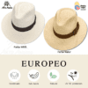Deux chapeaux Europeo Especial - Panama en forme de Bogart, un en blanc et un en couleur naturelle, avec des logos indiquant qu'ils sont faits à la main, légers, naturels et ont une protection UV 50.