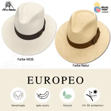 Zwei Europeo Especial - Panamahut Bogartform-Hütten, eine in Weiß und eine in Naturfarbe, mit Logos, die darauf hinweisen, dass sie handgefertigt, leicht, natürlich und mit UV-Schutz 50 ausgestattet sind.