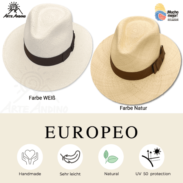 Zwei Europeo Especial - Panamahut Bogartform-Hütten, eine in Weiß und eine in Naturfarbe, mit Logos, die darauf hinweisen, dass sie handgefertigt, leicht, natürlich und mit UV-Schutz 50 ausgestattet sind.