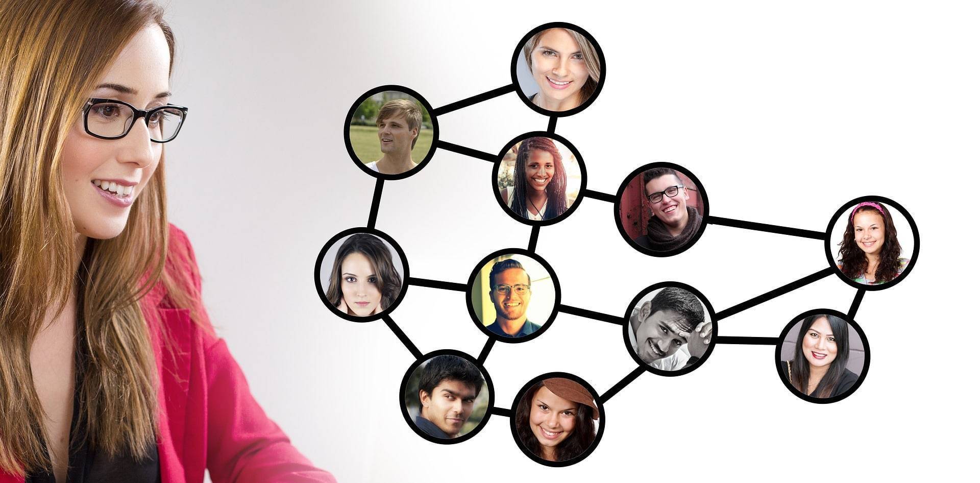 A woman with glasses looks at a network of people.