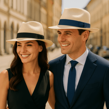 Ein Mann und eine Frau in stilvoller Abendgarderobe stehen lächelnd auf einer belebten Stadtstraße und tragen beide den Panamahut Tuis Especial in Natur und Weiß.
