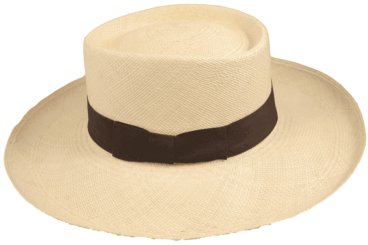 Ein weißer Strohhut mit braunem Band.