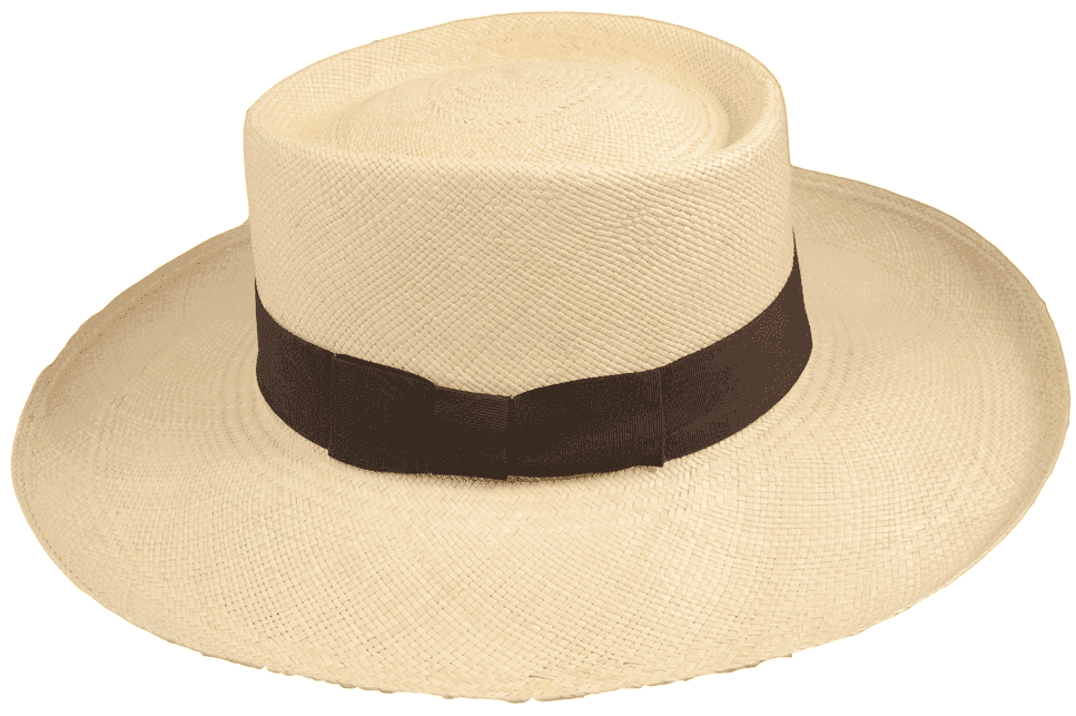 Ein weißer Strohhut mit braunem Band.