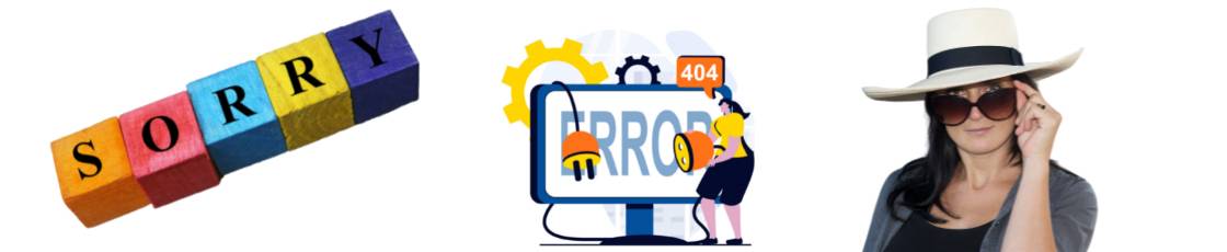 Eine Frau mit Hut und Sonnenbrille neben einem Computerbildschirm mit dem Wort „Entschuldigung“.