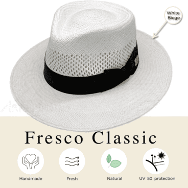 A unisex Panama hat Fresco Classic, Bogart Fedora hat hat with the inscription Fresco Classic on it.