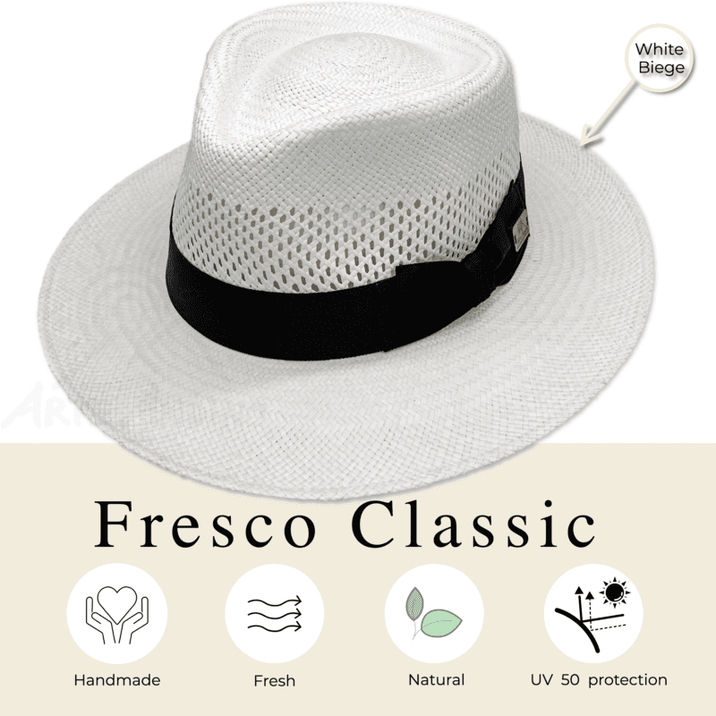 A unisex panama hat Fresco Classic, Bogart fedora hat with the inscription Fresco Classic on it.
