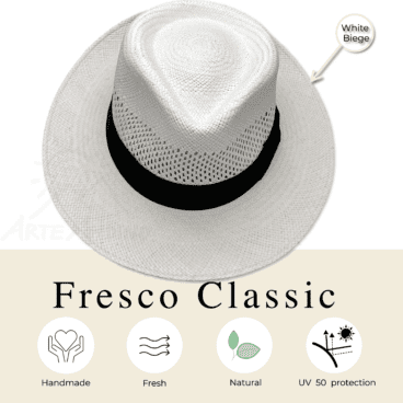 A white Fresco Classic panama hat with a light braid for sun protection and the inscription Fresco Classic on it.