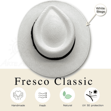 A unisex white Panama hat Fresco Classic, Bogart Fedora hat hat with the inscription Fresco Classic.