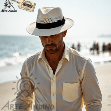 A man wearing a Panama Fresco Classic hat, a Bogart Fedora hat unisex with airy braiding and a beige shirt is standing on a beach. In the background, people and the sea are blurry.