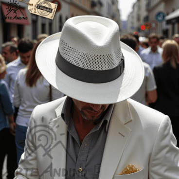 A person in a white suit strolls through a busy street, letting their gaze sink downwards. The unisex ensemble, adorned with logos of clothing brands, combines style and sun protection, while the Panama hat Fresco Classic Bogart Fedora hat, with its airy fabric, offers comfort in sunlight.