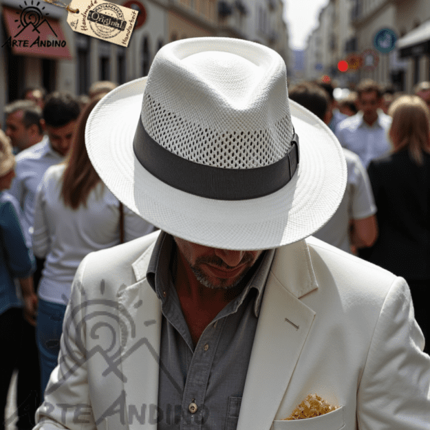 Eine Person in einem weißen Anzug schlendert durch eine belebte Straße und lässt den Blick nach unten sinken. Das Unisex-Ensemble, geschmückt mit Logos von Bekleidungsmarken, vereint Stil und Sonnenschutz, während der Panamahut Fresco Classic Bogart Fedora-Hut mit seinem luftigen Gewebe Komfort im Sonnenlicht bietet.