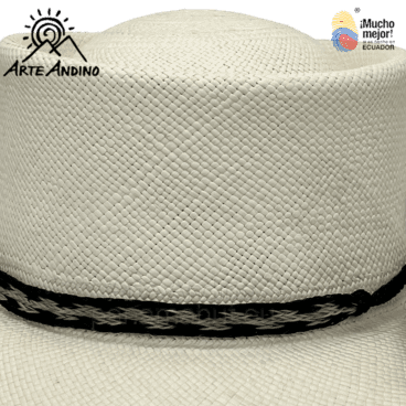 Un chapeau de paille blanc avec un ruban noir.