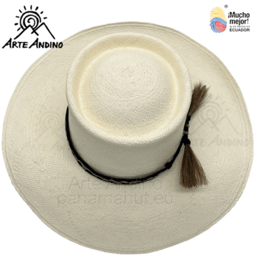 Un chapeau de paille blanc avec un pompon marron.