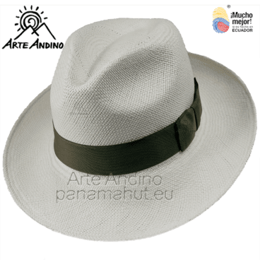 Weißer Panamahut mit grüner Schleife auf transparentem Hintergrund, mit sichtbaren Markenwasserzeichen.