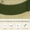 Close-up of a natural-colored hat with hatband - Light military green, brand symbols indicate that it is handmade, lightweight, natural, and UV protected (50%).