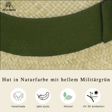 Nahaufnahme eines naturfarbenen Hutes mit Hutband – Helles Militärgrün, Markensymbole zeigen an, dass er handgefertigt, leicht, natürlich und UV-geschützt ist (50 %).
