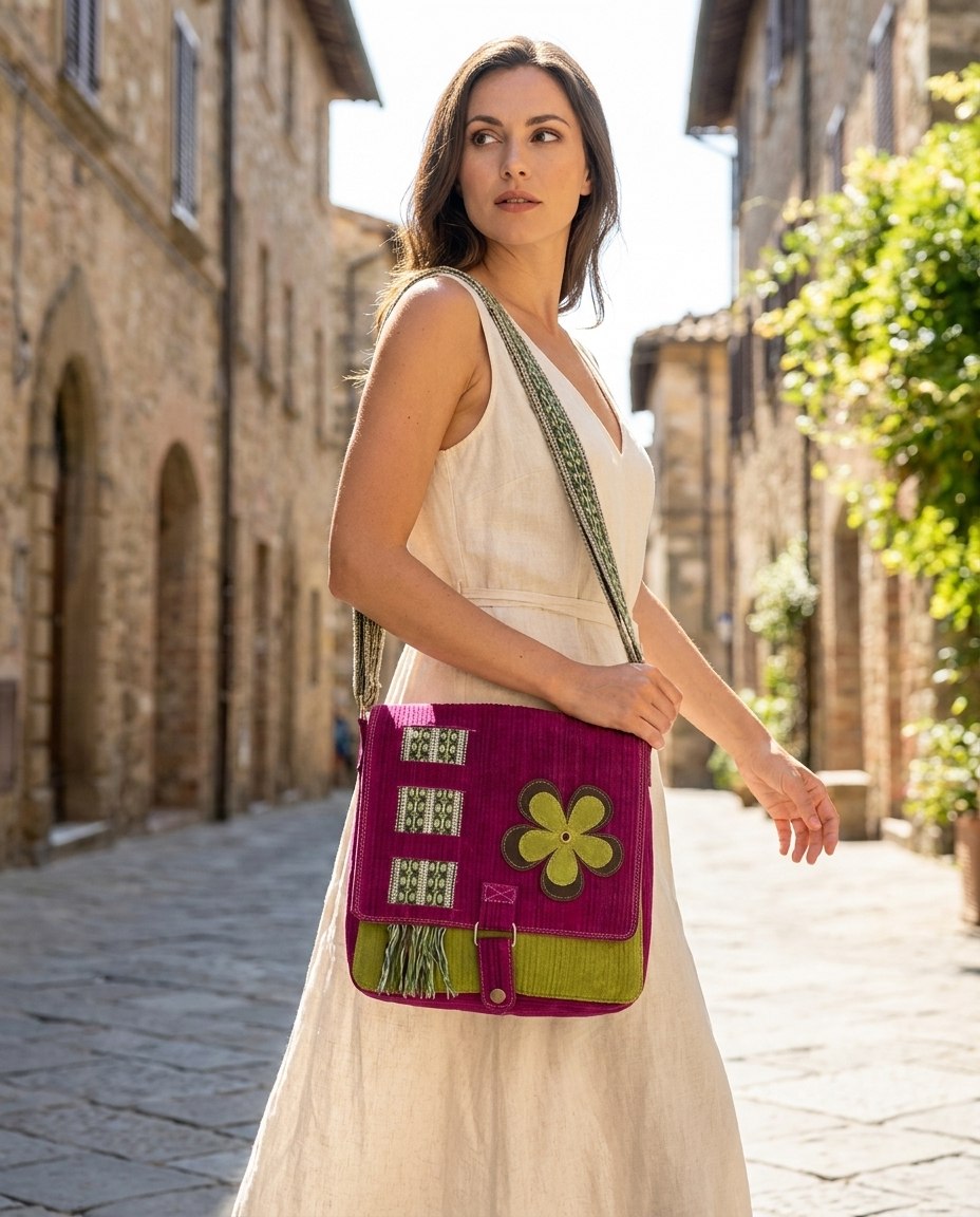 Crossover Leder-Tasche · Magenta & Grün
