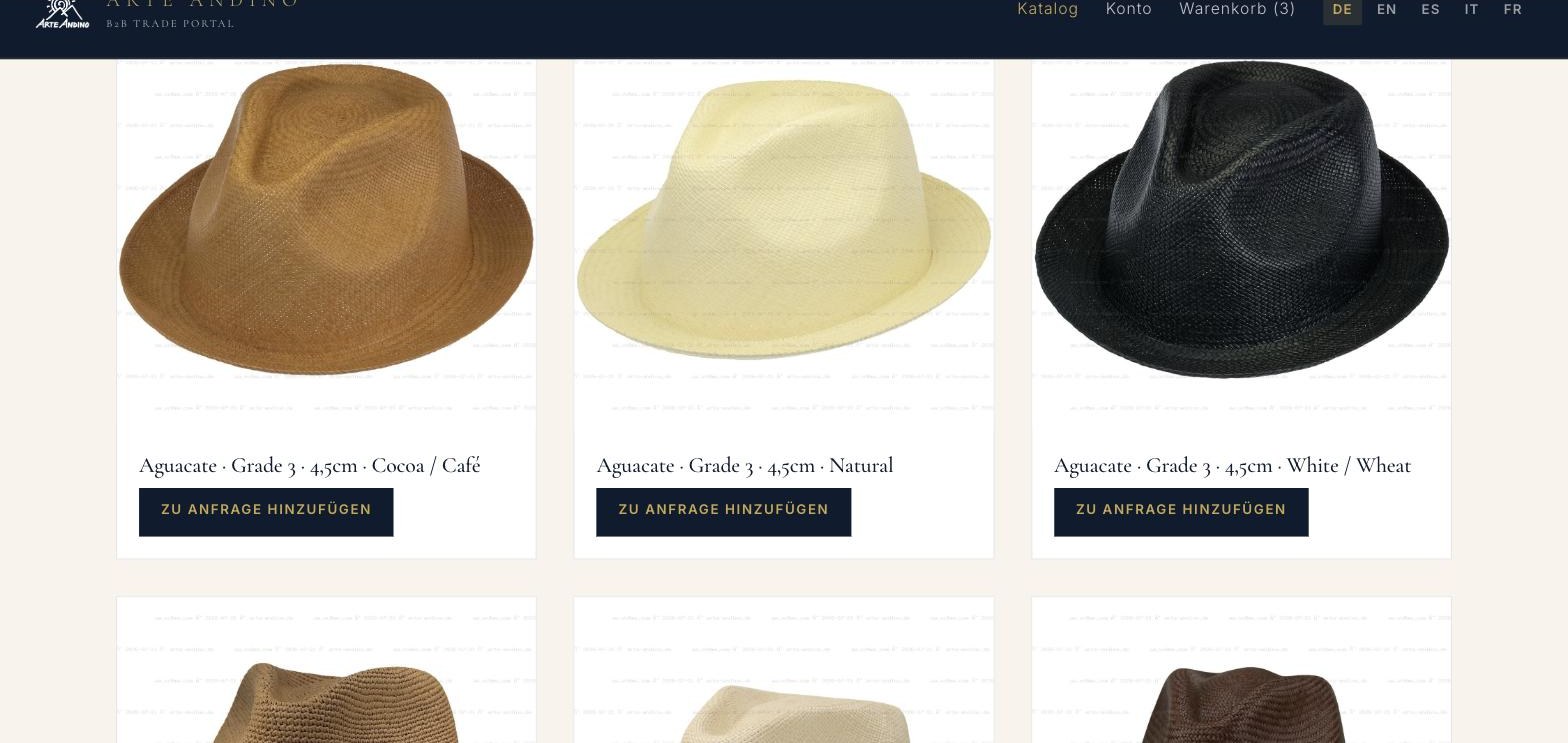 Trade-Portal Katalog mit Filtern nach Güteklasse und Flechtart — echte Ansicht